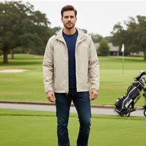 Top-Flite‎ Jacket Men's M Full Zip Hooded Golf Microfiber Beige Outdoor Athletic